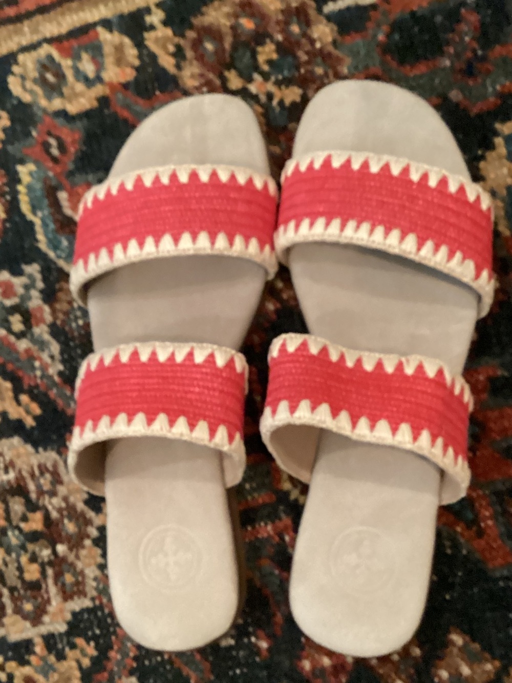 CHARLESTON SHOE CO. Red and Cream Double-Strap Slide Sandals